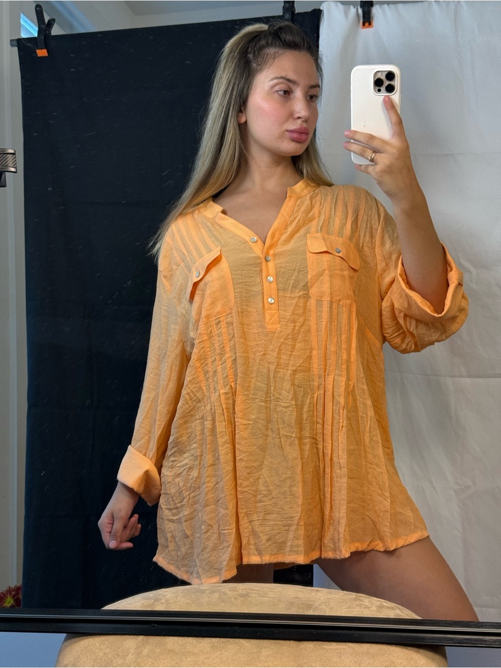 Ruby Rd. Peach-Orange Split-Neck Button Tunic
